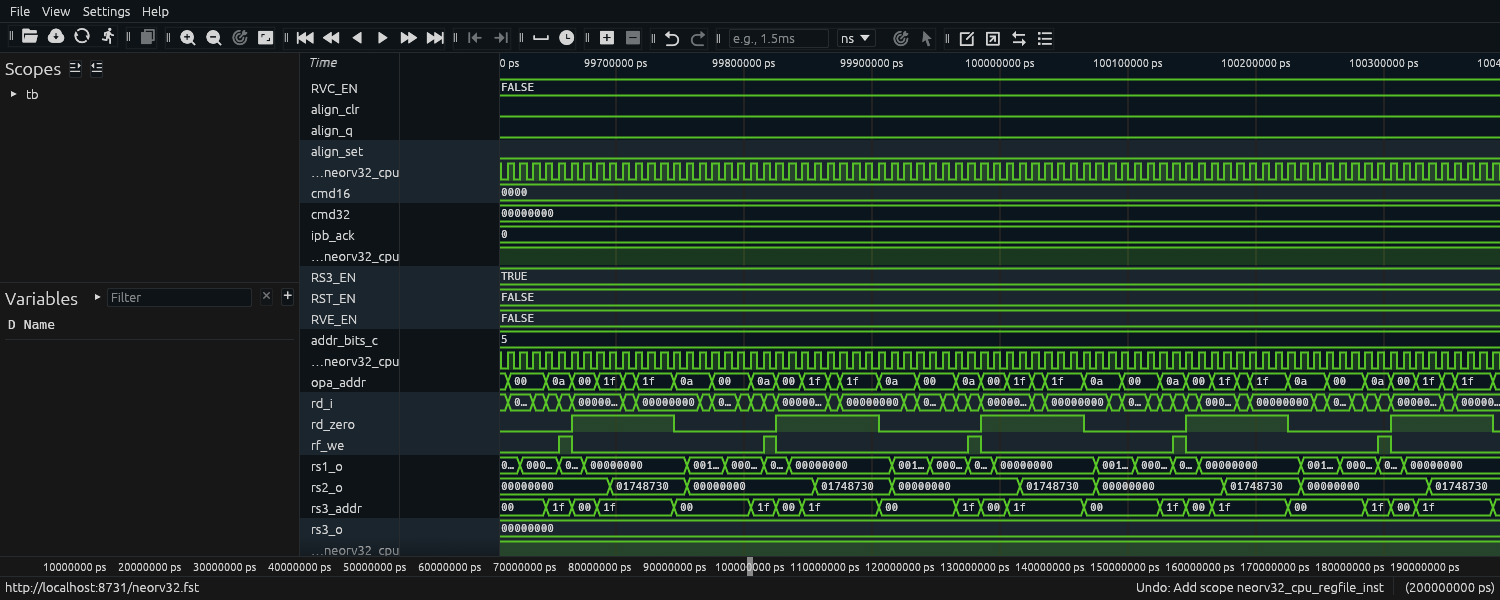 NEORV32 converted to FST, register file signals in Surfer